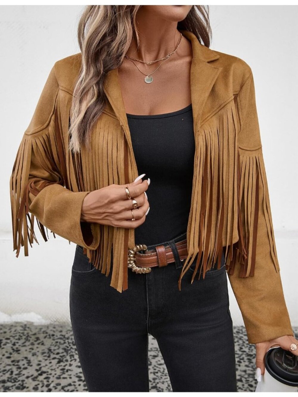 Women's Tan Suede Leather Tassel Jackets With Lining Cropped Fringe 80s Coats - Picture 6 of 6